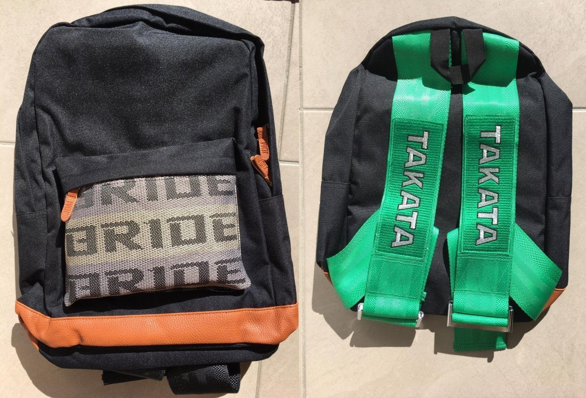 JDM Bride Bag Backpack With Green Takata Racing Harness Strap & Brown Leather