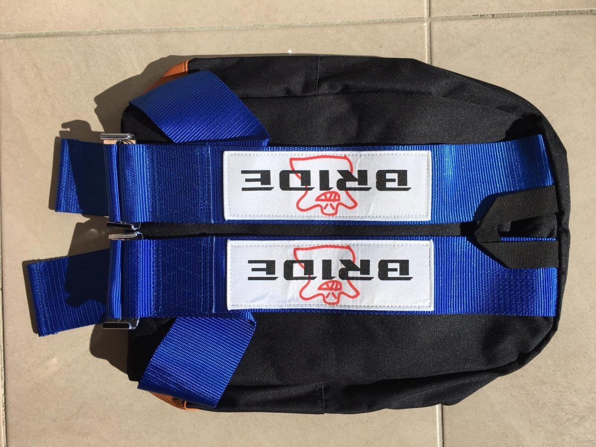 JDM Bag Backpack With Blue Bride Racing Harness Strap & Brown Leather Bottom