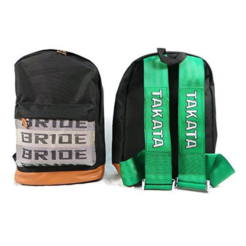JDM Bride Bag Backpack With Green Takata Racing Harness Strap & Brown Leather