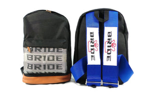 JDM Bag Backpack With Blue Bride Racing Harness Strap & Brown Leather Bottom